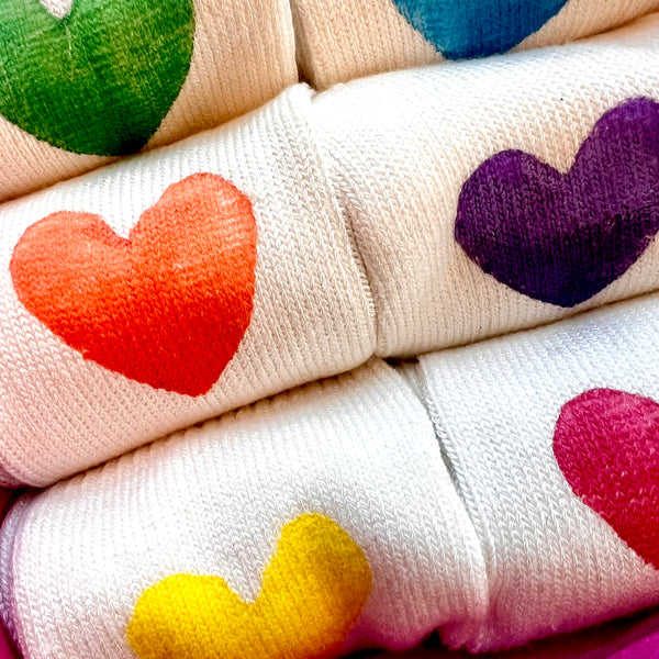 Set of 6 Hand Printed Bamboo Heart Socks in 6 Color-Ways