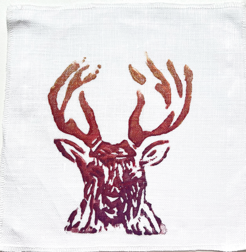 Set of 4 Stag Print Linen Cocktail Napkins in Rose's Sunset